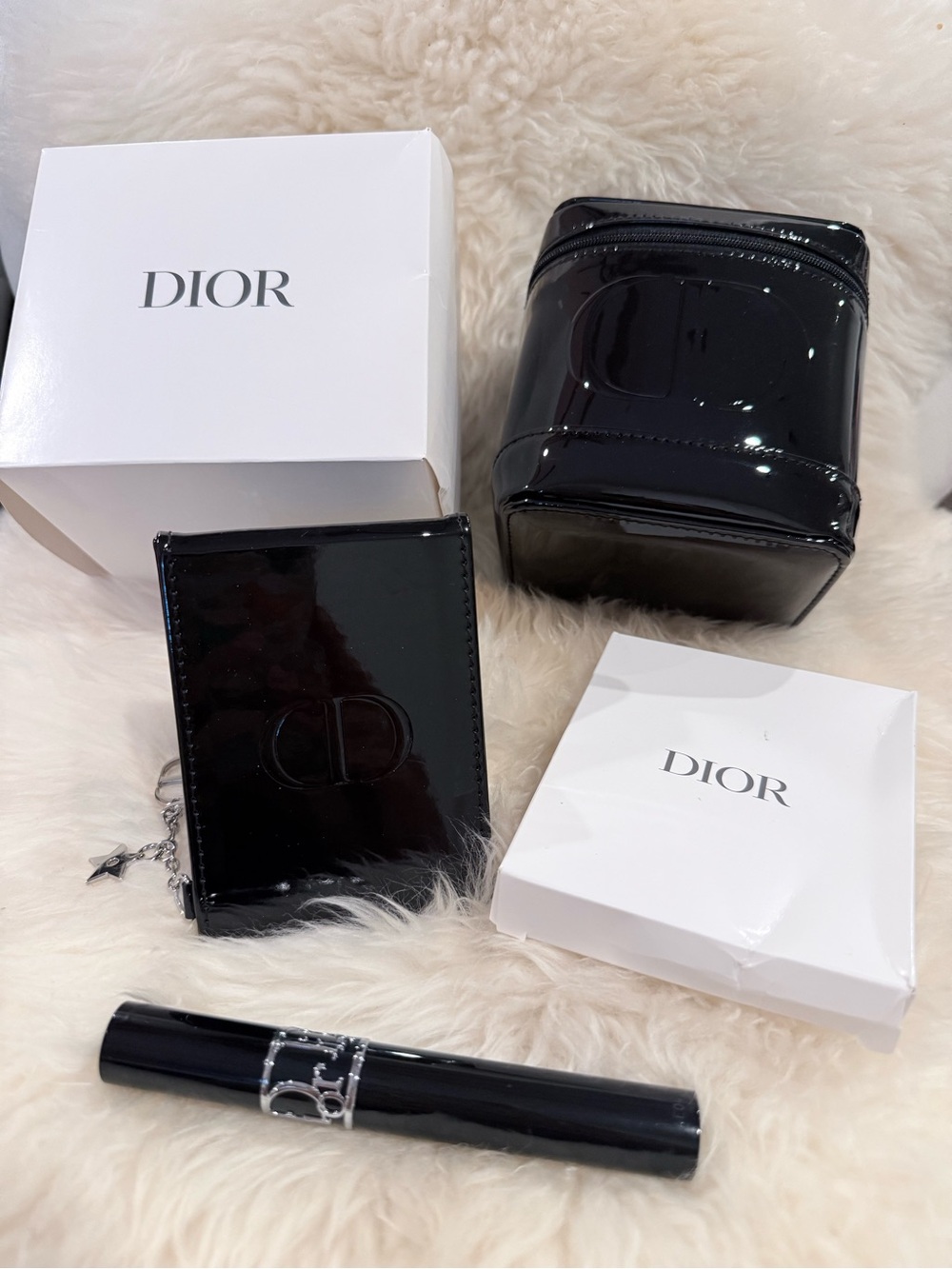 Dior Black Patent Cosmetic Pouch and Mirror Set